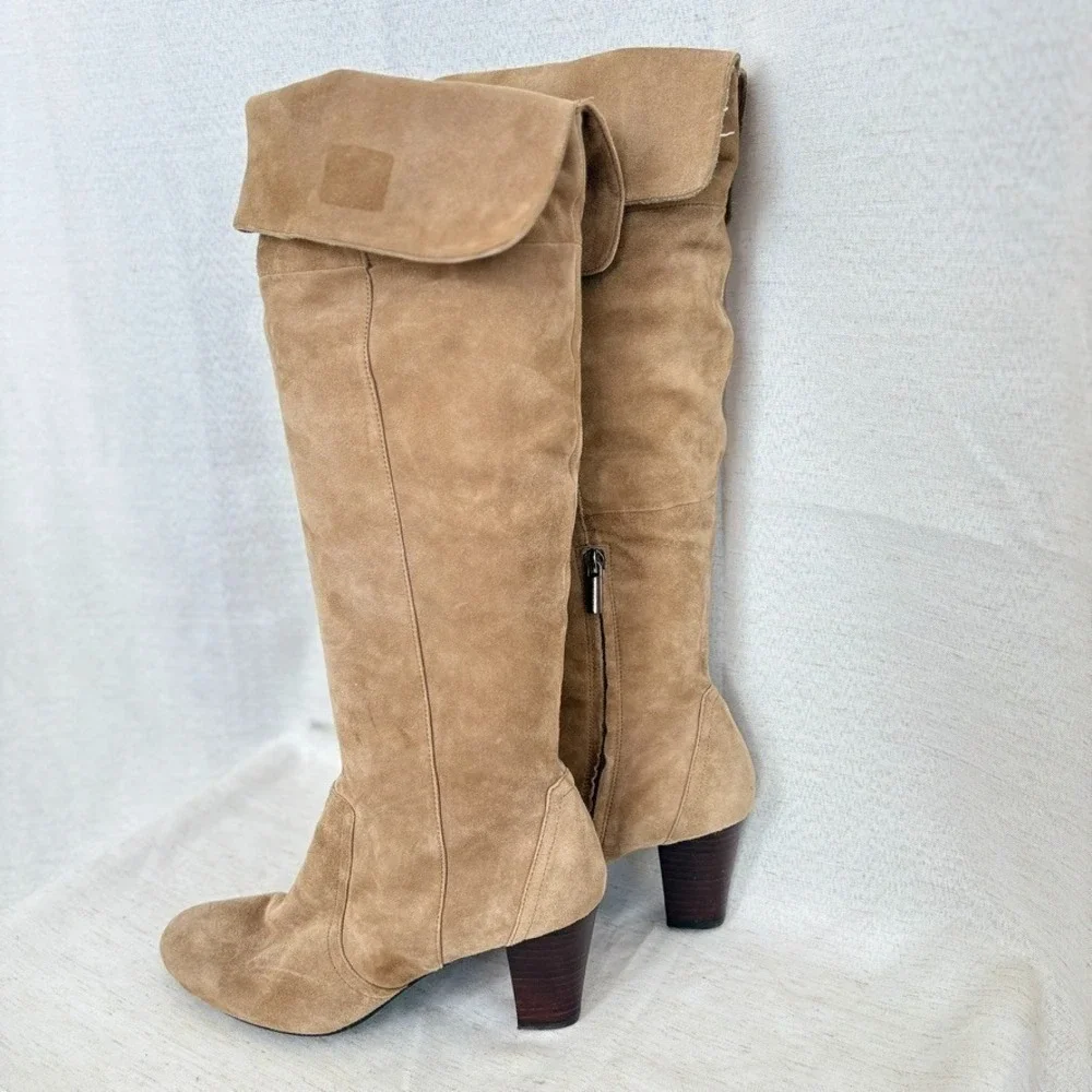 Bandolino Eye Candy Tall Tan Suede Leather Fold Over Knee‎ High Boots Women's 9